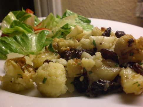 Mark Bittman's ROASTED CAULIFLOWER, RAISINS AND ANCHOVY VINAIGRETTE